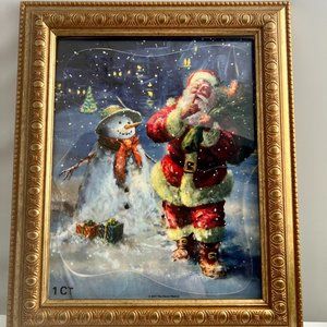 Vintage Gold Framed Santa Claus & Snowman Christmas Decor